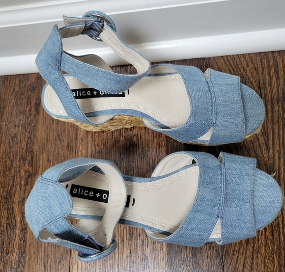 Alice & Olivia Roberta Denim Espadrilles Platform Wedges Ankle Strap Open Toe - Picture 3 of 7